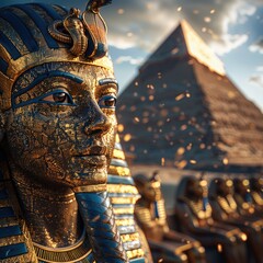 Detailed Egyptian Pharaoh Statue and Pyramids - An intricate Egyptian pharaoh statue with the majestic pyramids in the background - obrazy, fototapety, plakaty