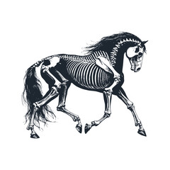 The horse and show the bones. Black white vector illustration.