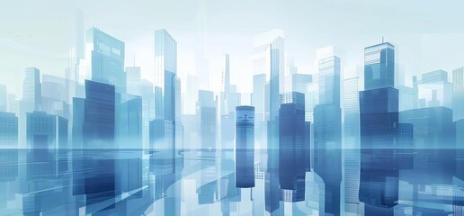 Obraz premium Modern glass buildings background with reflection and city skyline. digital wallpaper for presentation, corporate video or web design