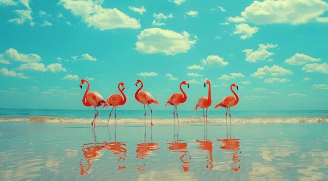 pink flamingos on the beach, reflections in the water. It's a bright sunny summer day - Powered by Adobe