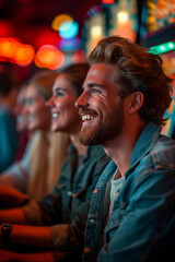 A man with a beard and a woman with blonde hair are smiling at a casino. Vacation concept