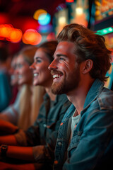 Obraz premium A man with a beard and a woman with blonde hair are smiling at a casino. Vacation concept
