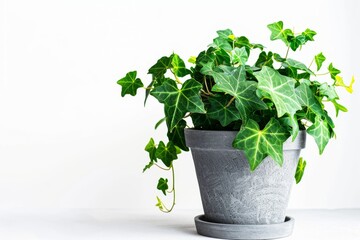 English Ivy in Flowerpot Closeup, Hedera Helix Macro House Plant in Flowerpot, Copy Space