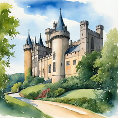 Watercolor landscape with Arundel Castle in West Sussex, England