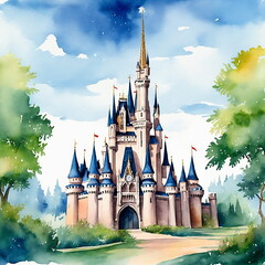 Watercolor landscape with Cinderella Castle at Magic Kingdom.