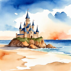 Watercolor landscape with sand castle. 