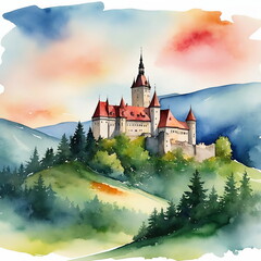 Watercolor landscape with Transylvania castle. Bran Castle -  It is a national monument and landmark in Transylvania, Romania.