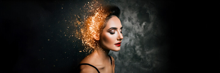 woman portrait with fire explosion on hair and closed eyes
