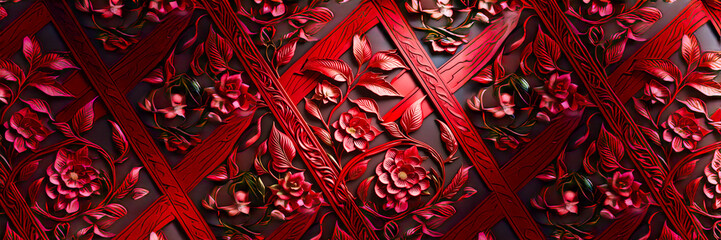 floral design on a red and black wall