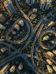 Aerial view of city intersection with four roads meeting in cross formation. Many cars, trucks, and buses visible on road with buildings around