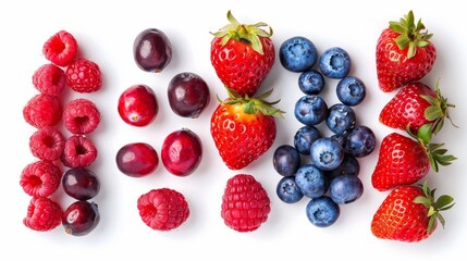 Fresh berries mix, highlighting antioxidants and fiber, top view of strawberries, blueberries, raspberries, and cranberries, isolated, studio lighting