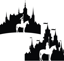 Obraz premium guard knight riding a horse by the medieval castle outline - fairy tale scene design black and white vector silhouette set