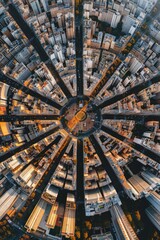 Aerial view of Paris, France. The center of the district is filled with buildings that are close together, forming circular shape. French metropolis
