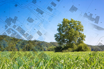 Rural–urban transformation concept with a rural scene, agricultural field, lone tree with...