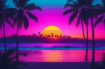 Neon sunset with palm trees, retro style