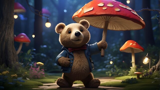 a bear in the forest, "An English bear, animated and jovial, performs an intricate dance routine amidst a whimsical forest setting. The bear's movements are dynamic, with exaggerated gestures and expr