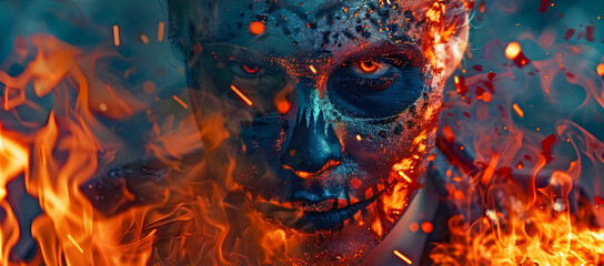 Human skull on a fire cloudy background, ai generated.