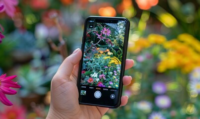 A Person Holding a Smartphone With The Camera On To Identify Flowers, Garden In The Background, Daylight, Plant Identification App