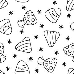 Sugar Halloween sweet candies. Seamless pattern. Coloring Page. Funny food. Cartoon caramel suckers. Hand drawn style. Vector drawing. Design ornaments.