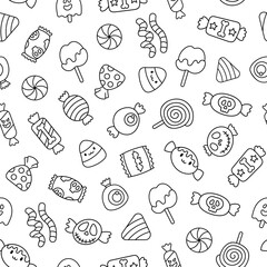 Sugar Halloween sweet candies. Seamless pattern. Coloring Page. Funny food. Cartoon caramel suckers. Hand drawn style. Vector drawing. Design ornaments.