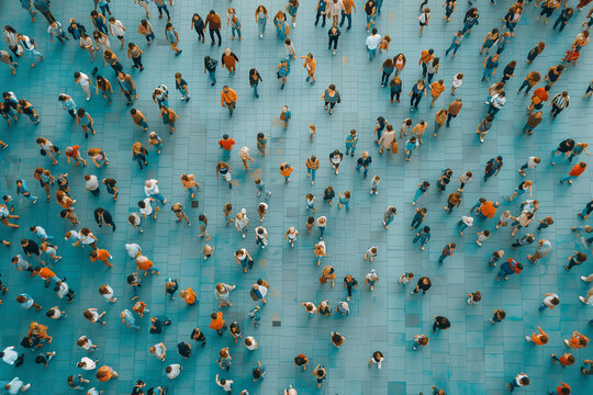 A crowd of people are walking on a sidewalk. top view