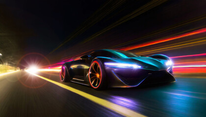 Side view of a modern futuristic luxury sport car in movement on the road at night. Timelapse with...