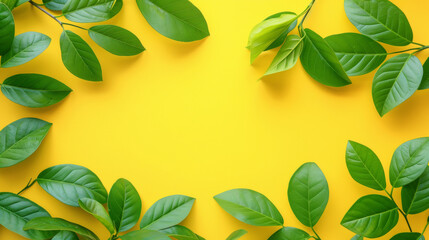 A yellow background with green leaves surrounding it. The leaves are arranged in a circle, creating a sense of harmony and balance. The image conveys a feeling of nature and tranquility