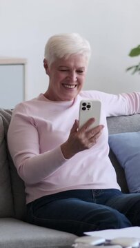 Cheerful Elderly woman talking on video call using mobile phone at home living room. Online communicating and discussion. Vertical video.