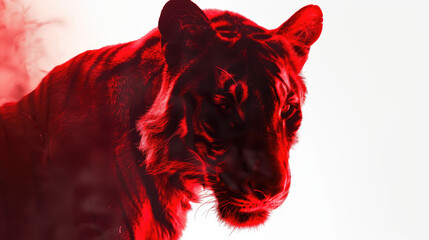 frontal view of a grim looking tasmanian tiger on white background, ethereal, dreamcore a vertifcal neon red light , professional color grading