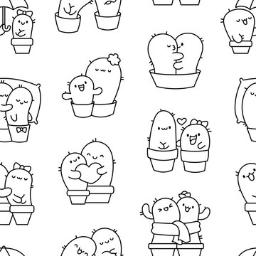 Kawaii cactus hug. Seamless pattern. Coloring Page. Cute cartoon cacti couple in love. Funny plant characters in pots. Hand drawn style. Vector drawing. Design ornaments.