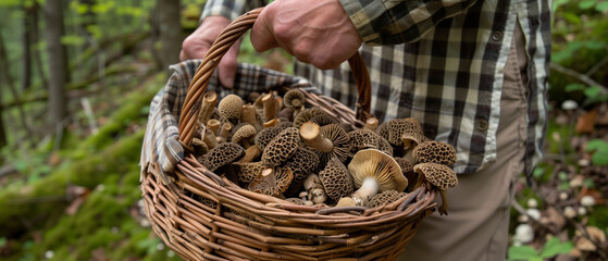 hand holding a basket filled with morel mushrooms at the forest