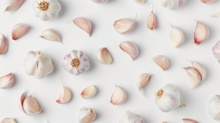 Elegant top view of garlic cloves, subtly illustrating their role in immune support and heart health, on a pristine white background, studio lighting