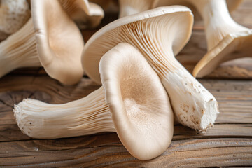 Macro photo of freshly picked of cultivated king oyster mushroom in wood background texture