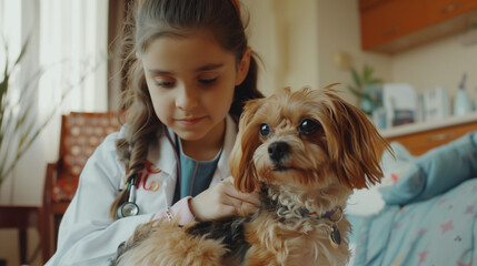  little 10 years old girl playing vet with her dog