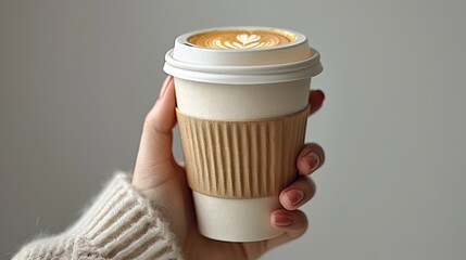 Mockup of male hand holding a Coffee paper cup isolated on light grey background