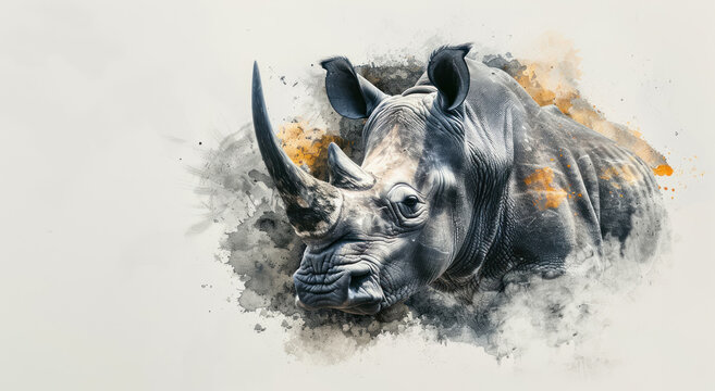 artistic grayscale black rhino portrait with expressive eyes and paint splashes for wildlife protection theme, endangered species animal