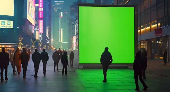 sponsor board in densely populated city center at night people walking around with green sponsor board display, green sponsor board display mockup.