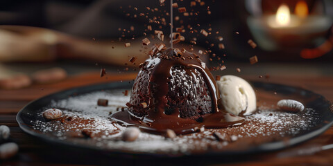 close-up of molten chocolate lava cake with dark chocolate, a scoop of vanilla ice cream melting on...
