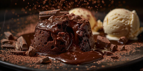close-up of molten chocolate lava cake with dark chocolate, a scoop of vanilla ice cream melting on the side