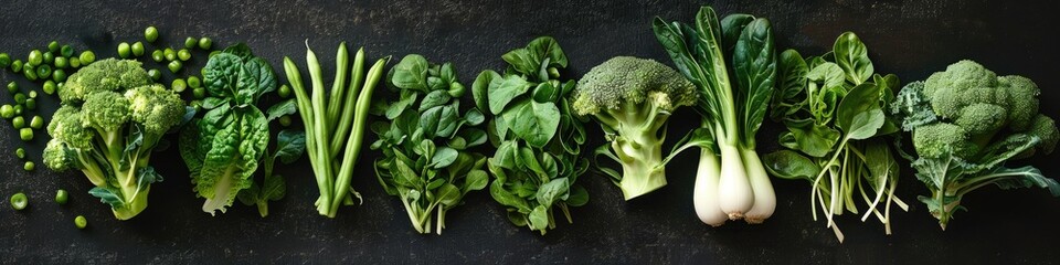 Fresh Green Leafy Vegetables Assortment on Dark Background Panoramic View