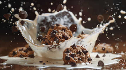 chocolate chip cookies splashing in milk dinamic commercial photo