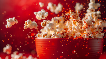 Popcorn with red spice paprika dinamic comercial photo - obrazy, fototapety, plakaty