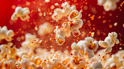 Popcorn with red spice paprika dinamic comercial photo - obrazy, fototapety, plakaty