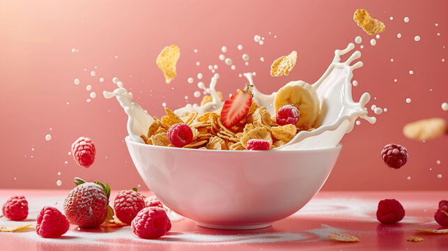 cornflakes and strawberry and banana slices with splashing milk in a bowl with light pink background and raspberries arround