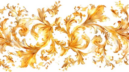  watercolor ornate baroque scrollwork elements, gold on white background