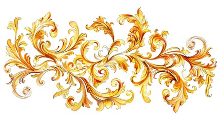 watercolor, golden baroque scrollwork, clip art on white background 