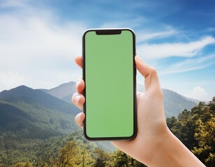 Smartphone screen cut out mockup scenic background.