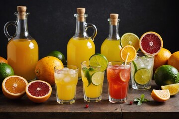 Fototapeta premium Assorted homemade citrus liquors, lemon, meyer lemon, blood orange and lime.