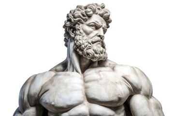 Greek sculpture flexing muscle statue male white background.