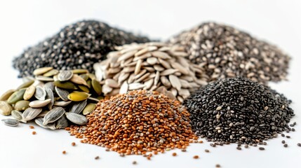 Elegant display of chia, flaxseeds, pumpkin, sunflower, and sesame seeds, emphasizing their health benefits, isolated background, studio light